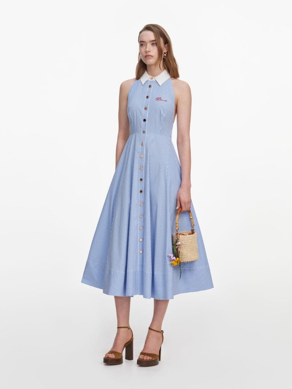 Self Portrait Blue Striped Cotton Midi Dress - Picture 2 of 13